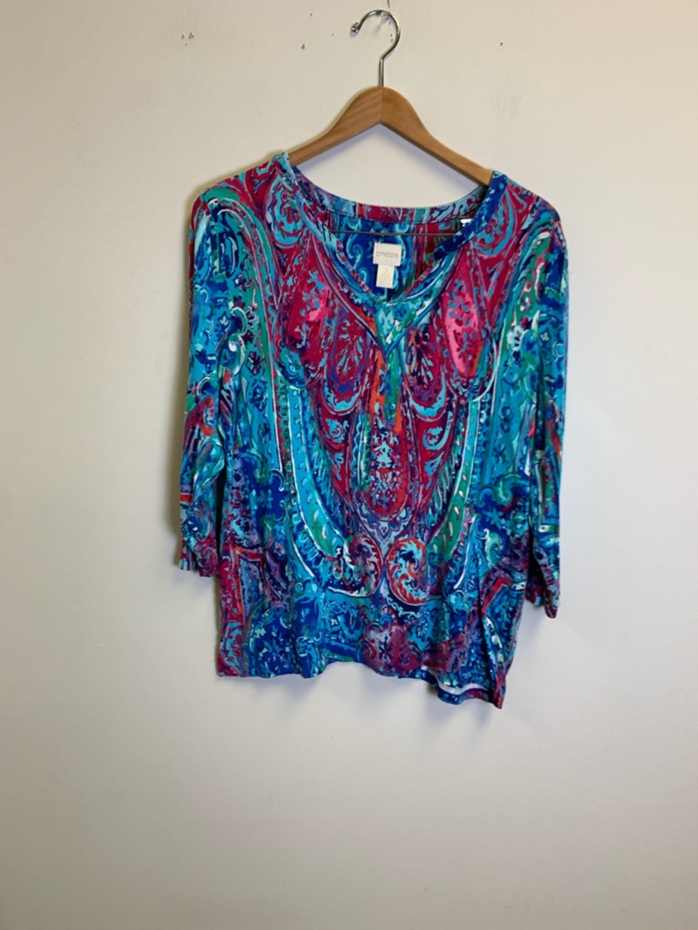 Chico's Paisley V-Neck Long Sleeve Top in Blue and Pink